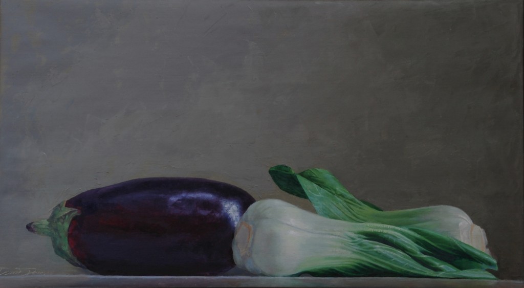 Eggplant and Bok Choy, oil on linen, 20" x 36"