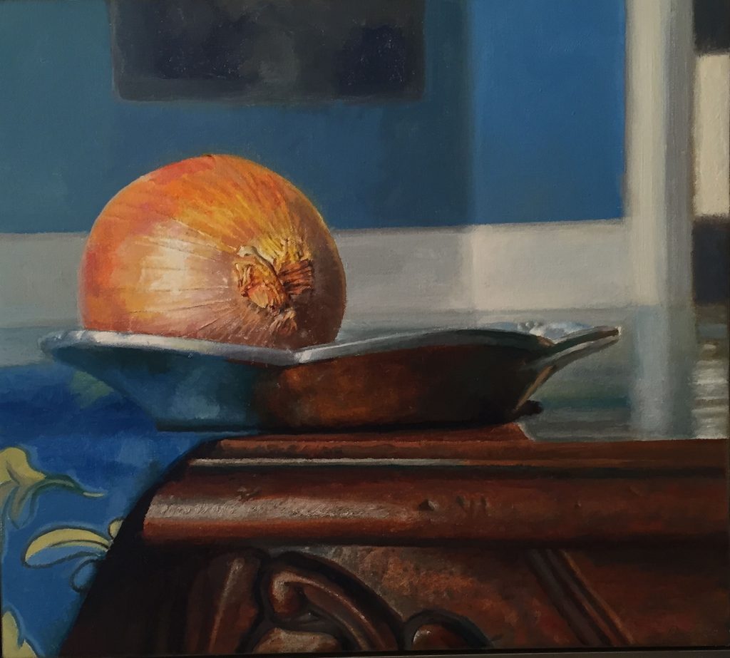 Onion on a Carved Table, oil on linen